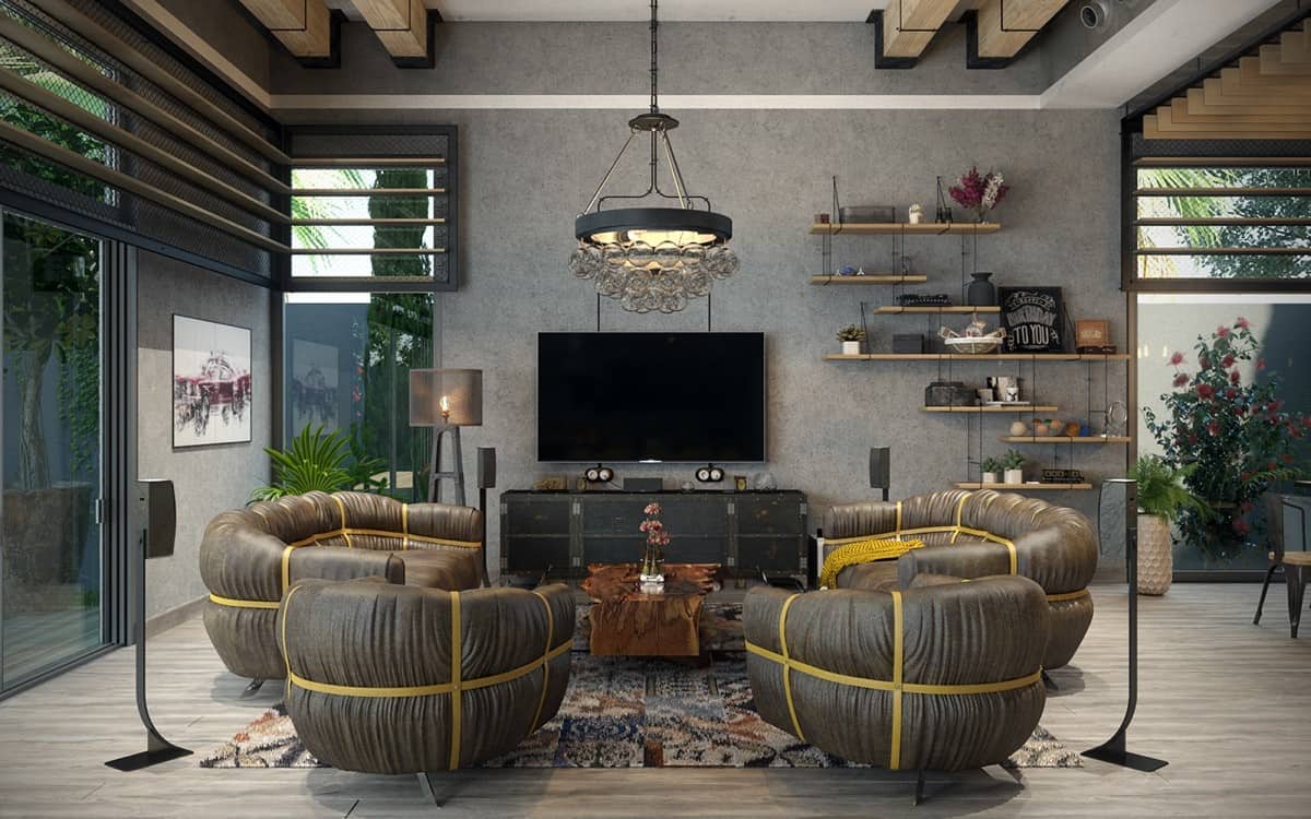 An Industrial Rustic Living Room In Soothing Earthy Tones