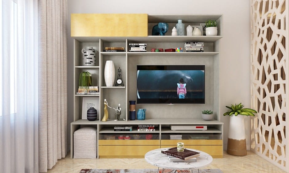 Crafting a Modern Minimalist Living Room with TV Unit and Bookshelf
