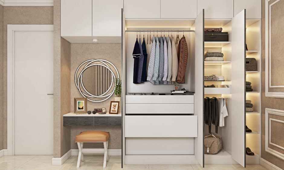 A Suave Wardrobe With An Attached Open Shelf For Bags And Shoes